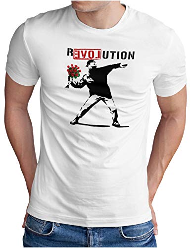 OM3® Banksy R-EVOL-UTION T-Shirt - Herren - R-Love-UTION Urban Street Art - Weiß, L