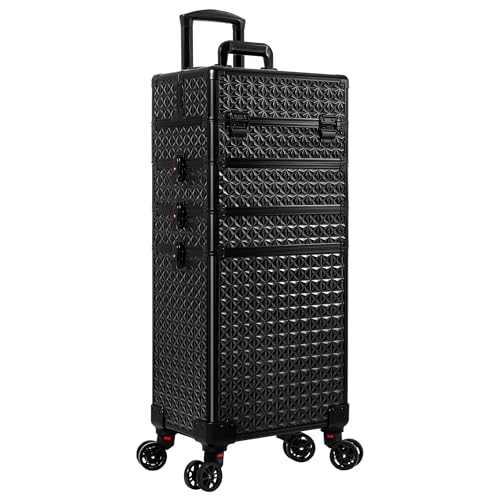 Arous Mallette de maquillage professionnelle 5 en 1 en aluminium avec roulettes pivotantes à 360°, Noir , 5 en 1