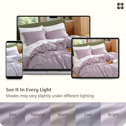 Image of Bedsure 100% Washed Cotton Duvet Cover Queen Size - Lavender Minimalist Bedding Set Linen Like - PureWoven Plain Simple & Soft Comforter Cover for All Seasons (Lavender, Queen, 90 inchx90 inch)