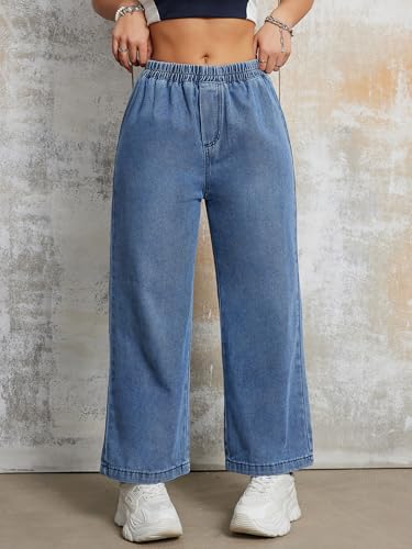 Womens Wide Leg Cropped Jeans 90s Elastic Waist Baggy Pull On Denim Pants for Woman 2024 Trendy4