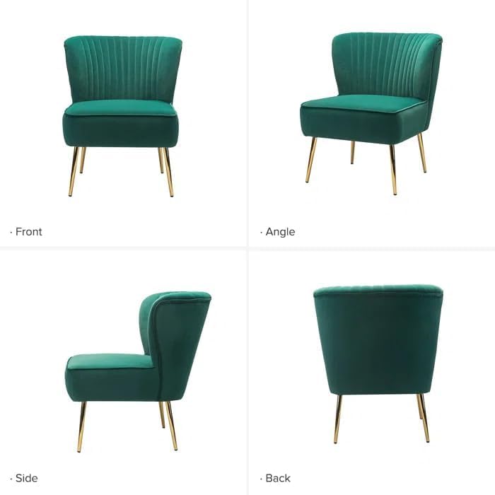 Image of Modern Upholstered Accent Velvet Chair Single Seater Channel Tufted Wing Back Chair with Golden Matel Legs for Living Room, Bedroom, Dining Room, Green