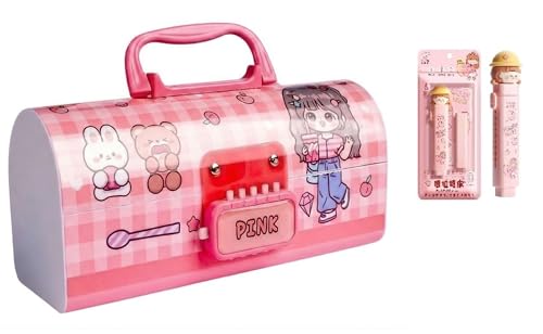 Image of Invite New Cartoon Theme Pencil Box with Push Pull Eraser Set for Kids | Suitcase Style Password Lock Stationery Organizer | School Supplies Gift Combo for Boys & Girls (Pink Beauty + Eraser)