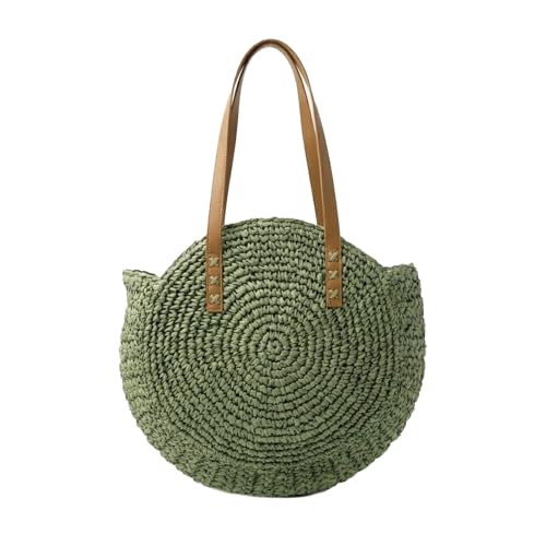 Bolso redondo de paja tejida para hombro, bolso tote para playa y vacaciones de verano, con forro y detalles en cuero, con cierre de cremallera miniatura 1