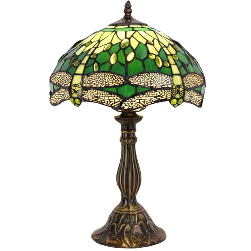 Image of WERFACTORY Tiffany Lamp Green Stained Glass Bedside Table Lamp 18 Inch Tall