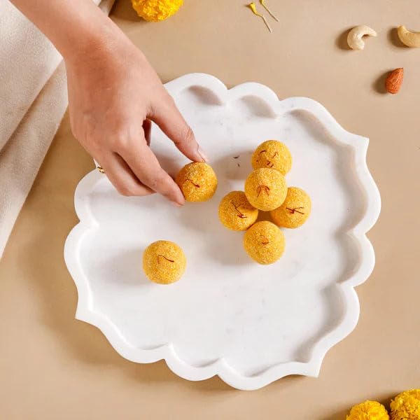 Image of B R & Sons Elegant Floral Design White Marble Serving Tray - Decorative Platter for Home Decor, Cheese Board, Dessert & Snacks - Handmade in India 8x8 Inches (White, Square Mehrab)