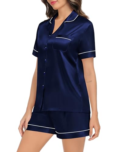 SWOMOG Couples Matching Pajamas Set Satin Short Sleeve Button Down Tops Silk Shorts Pj Lounge Set Soft Sleepwear4