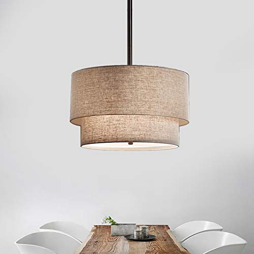 Craftthink Led Pendant Light, Contemporary Drum Chandelier 3 Lights Rustic Style Fabric Lampshade Suspension Light Hanging Light Fixture For Kitchen Living Room Bedroom Restaurant-23.5" (Beige) #TOP3