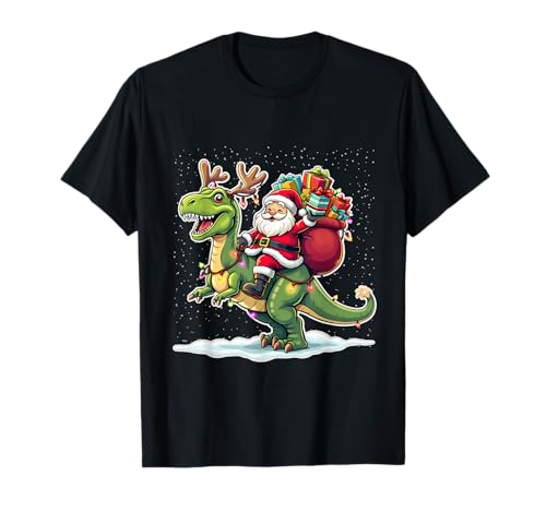 Santa Riding Dinosaur T rex Deer Xmas Lights Hombres Mujeres Niños Camiseta