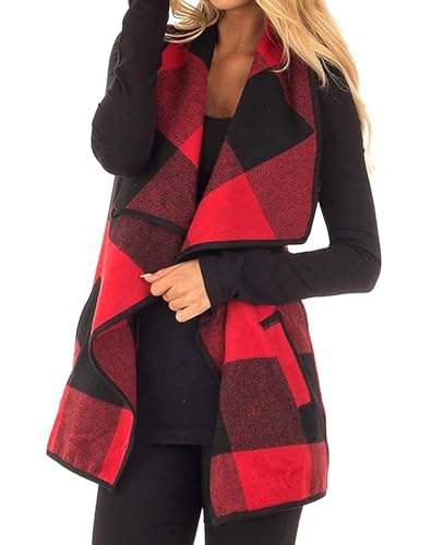 Women Buffalo Plaid Vest Casual Lapel Open Front Sleeveless Cardigan Jacket Coat with Pockets S-3XL