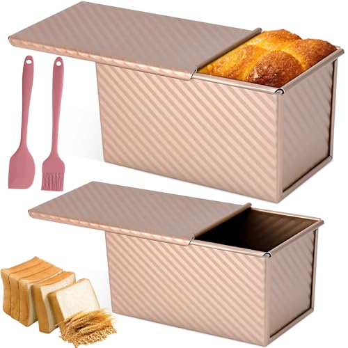 2 Piezas Moldes Pan con Tapa Deslizante, Molde para Hornear Tostadas Antiadherente, Bandeja Pan Liberación Rápida, Herramienta Hornear Rectangular Acero Carbono para Hacer Tostado, Pasteles (Oro Rosa)