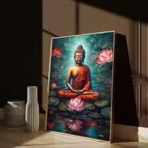 XBTYKPB Póster vintage de Buda de loto en lienzo para decoración de sala de estar, cuadros en lienzo, estatua de Buda budista, pintura, arte de pared, marco de 40 x 60 cm