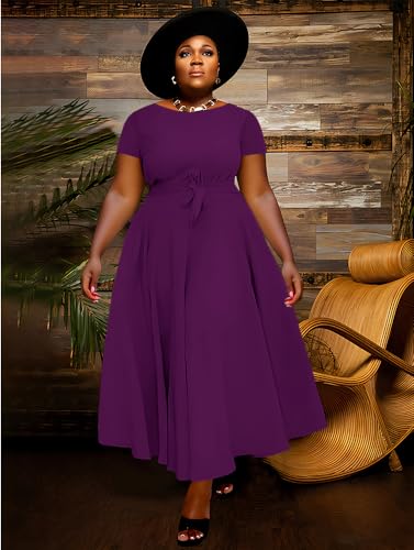 Image of BFFBABY Plus Size Dress A Line Dresses for Women Summer Long Dresses with Sleeve Casual Belted