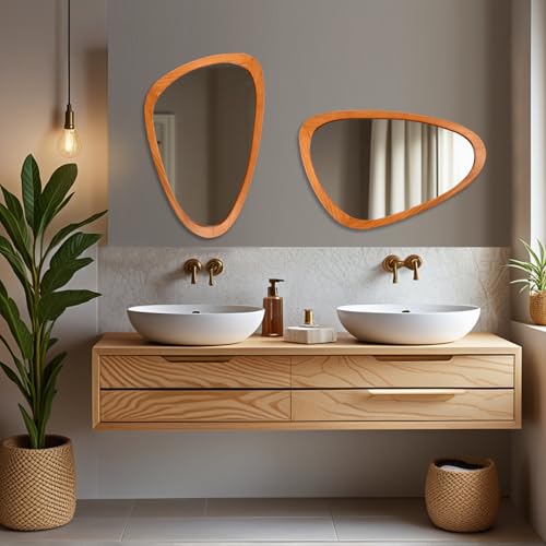 FUIN Asymmetrical Irregular Wall Mirror 30.5" x 19.5" – Solid Wood Frame Mid Century Modern Decor, Organic Pebble Shaped HD Glass for Bathroom Vanity, Bedroom, Living Room & Entryway (Teak Finish) - Image 3