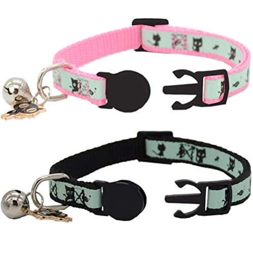 Image of 2 Pack Glow in The Dark Cat Collar with Bell Breakaway Safety Cat Puppy Collars with Pendant Black and Pink