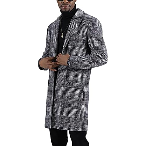 Faleave Men's Dark Grey Plaid Trench Coat Cover