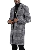 UANEO Men's Casual Notch Lapel Single Breasted Plaid Mid Long Trench Pea Coat (Dark Gray, X-Large)