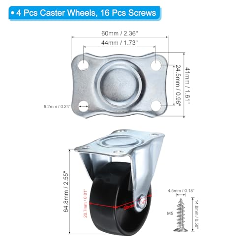 PATIKIL 2" Roues à roulettes rigides, 4 Roulettes en plaques fixes et non pivotantes avec M5 Capacité de charge des vis 198Lbs pour les meubles Carton de travail Chariot, Noir