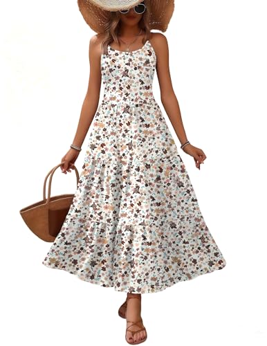 Image of Zeagoo Women's Crewneck Floral Maxi Dress Boho Floral Printed Adjustable Spaghetti Strap Beach Long Dress with Pockets