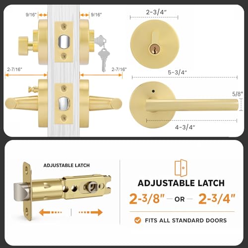 Image of Goldenwarm 1 Pack Exterior Gold Door Handle with Deadbolt, Single Cylinder Deadbolt and Entry Door Handle Set,Brushed Gold Front Door Lock Set