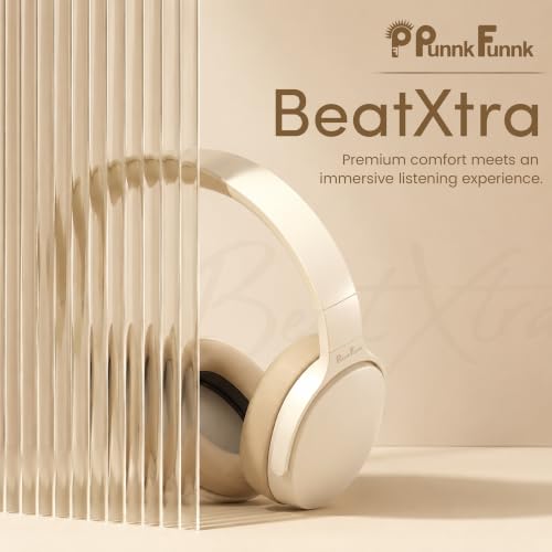Image of PunnkFunnk BeatXtra Wireless Stereo Bluetooth Headphones V5.3, Over Ear Foldable Headset with 40mm Drivers, Soft Cushioned Ear Pads, Built-in Mic, AUX Input, 10M Wireless Range, Teen & Adults (Beige)