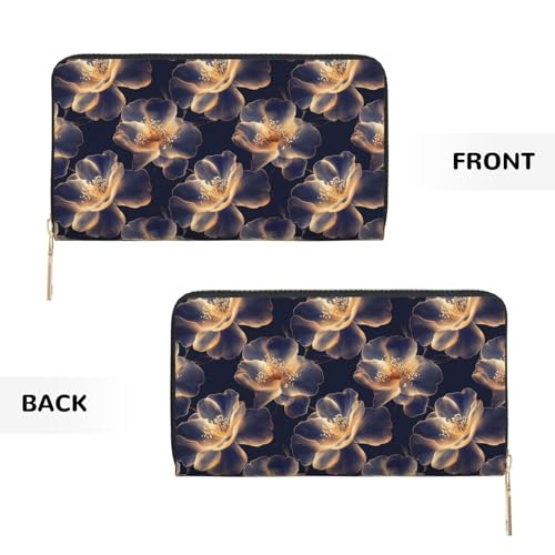 Navy Gold Camellia Print Wallet Women Men, Long PU Leather Wallets for Women, Cute Womens Travel Wallet Purse Pouch with Zipper Pocket2