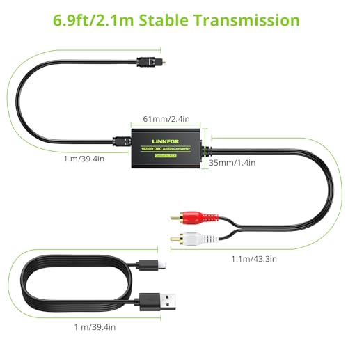 Image of LiNKFOR 192kHz DAC Converter, Digital to Analog Audio Adapter, Digital Optical SPDIF Toslink to Analog Stereo RCA L /R, 7ft /2.1m Cable, Compatible with HDTV, Blu-ray, DVD, Amps (RCA Male)