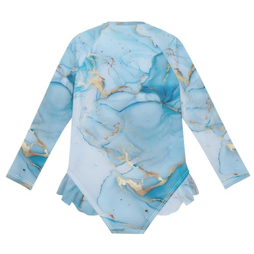 Girls One Piece Swimsuits Long Sleeve Swimsuit Zipper Bathing Suits Marble Golden Marble Blue2