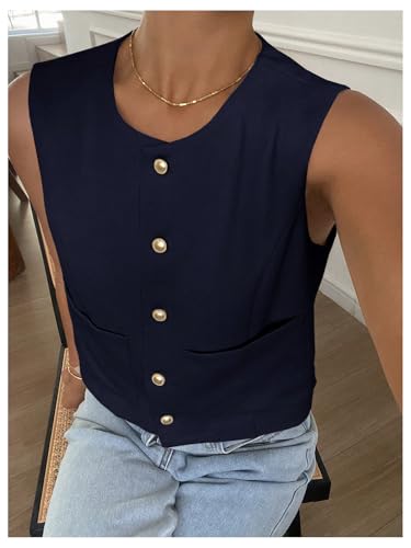GORGLITTER Women's Cropped Vest Top Sleeveless Button Down Dressy Blazer Crop Jacket with Pockets Office Work3