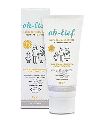 Oh-Lief Natural Body Sunscreen for the whole family 100 ml, Certified Natural & Organic, Broad-Spectrum protection UVA/UVB, water resistant, Hypoallergenic, Unscented & Preservative free