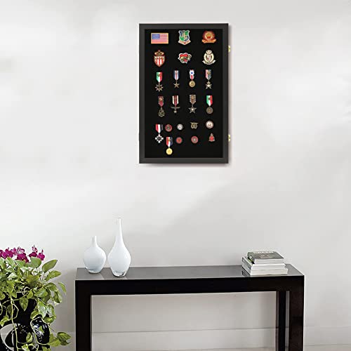 Image of VERANI Pin Display Case Badge Display Frame Oversized Black for Beach Tags | Flexible layout arrangement,Premium real clear glass door,Wood matte black frame,Wall mountable design