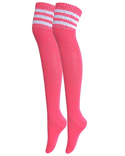 Lookswe Womens Over Knee High Socks Sexy Sparkle Rhinestone Stockings Long Casual Socks Pink White Stripe