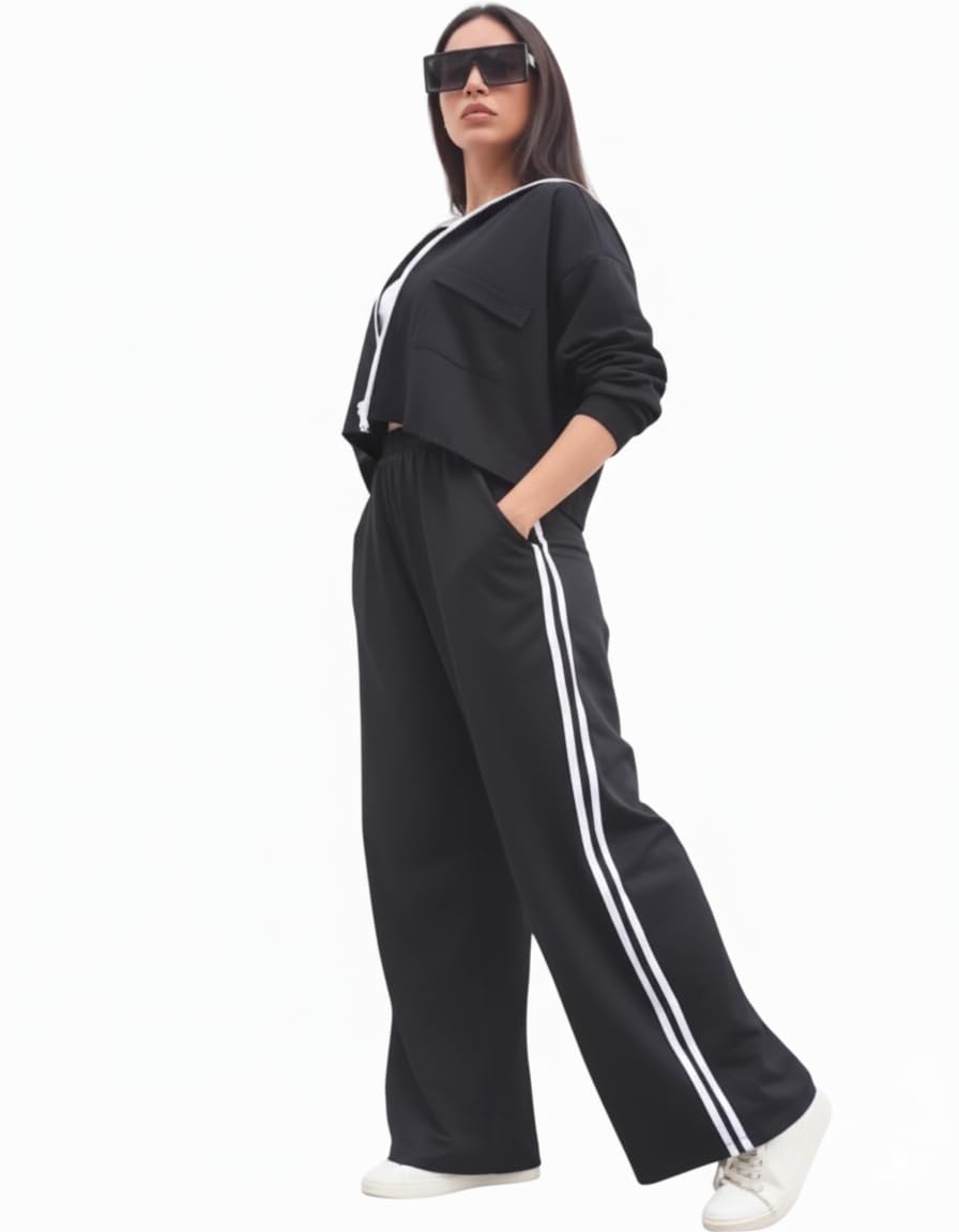 Women's Polyester Striped Loose Fit Wide Leg Stylish Trackpant (in, Alpha, XS, Regular) Black-picture-25