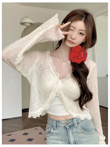 SHENHE Women's Sheer Lightweight Knit Cardigan Button Open Front Lace Trim Cover Up Cardigan2