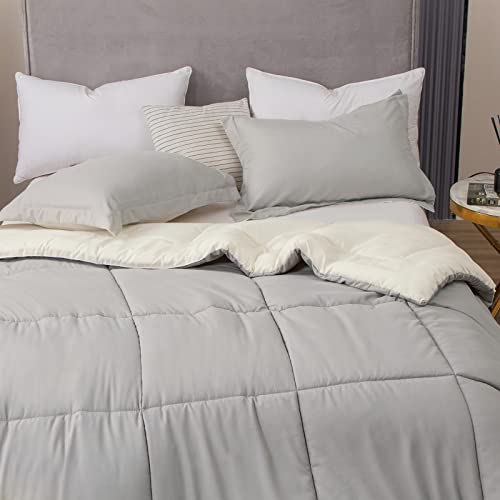Image of EMME King Comforter Set - 7-Piece Bed in a Bag for All Seaon, Ultra Soft Bedding Set with Comforter, Flat Sheet, Fitted Sheet, Pillowcase, Pillow Sham (Reversible-Grey & White, King /Cal. King)