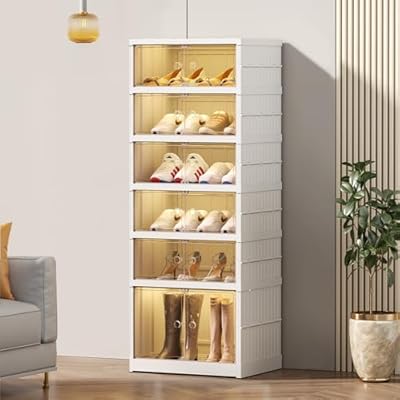 SYNCVIBE Foldable Shoe Rack Organize 6 Tier Plastic Shoe Shelf, 12 Pairs Collapsible Shoes Storage Bins, Large Folding Shoe Boxes for Closet with Doors, Stackable Storage Shoe Cabinet