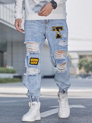 WDIRARA Men's Cut Out Ripped Letter Patched Jeans Frayed Zipper Fly Long Denim Pants Straight Leg Slim Fit Trousers4
