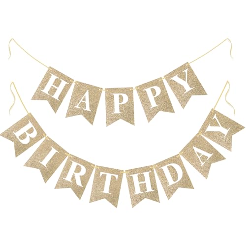 G2PLUS Grinalda 'Happy Birthday' de grande formato (16 x 20 cm) – bandeira pré-montada de papel premium, decoração de aniversário ouro champanhe