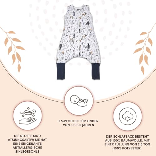 Albero Mio Slaapzak met voeten 2,5 tog, 113 x 38 cm, mouwloze trappelzak met ribgebreide hoes, 100% katoen, voor jongens en meisjes, Scandinavisch bos - Afbeelding 4