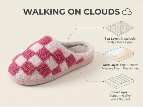 Image of Checkered Slippers for Women and Men - Fuzzy House Slippers with Memory Foam, Comfy Plush Fluffy Indoor House Shoes, Cozy Warm Slip on Bedroom Slippers with Non-Slip Sole