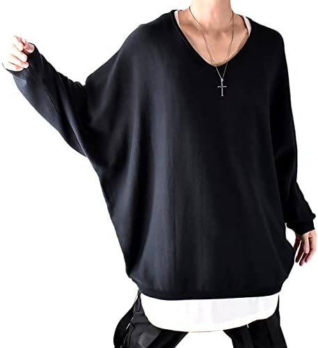 Amazon ニット メンズ 大きいサイズ Vネック Uネック 春 トップス セーター ドルマンスリーブ ビッグシルエット オーバーサイズ 黒 長袖 個性的な服 綿100 おしゃれ F Vネックブラック セーター 通販