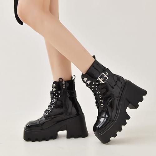 GUNIYIFS Womens Wedges Combat Boots High Heels Ankle Booties Punk Gothic Boots for Women Zip Lace-Up Platform Motorcycle Boot3