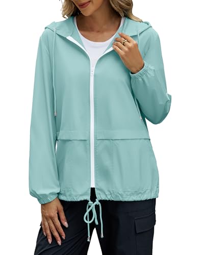 POGTMM Women's Raincoats Waterproof Casual Lightweight Windbreaker Jacket with Hood for Outdoor Hiking Travel, L, Light Green