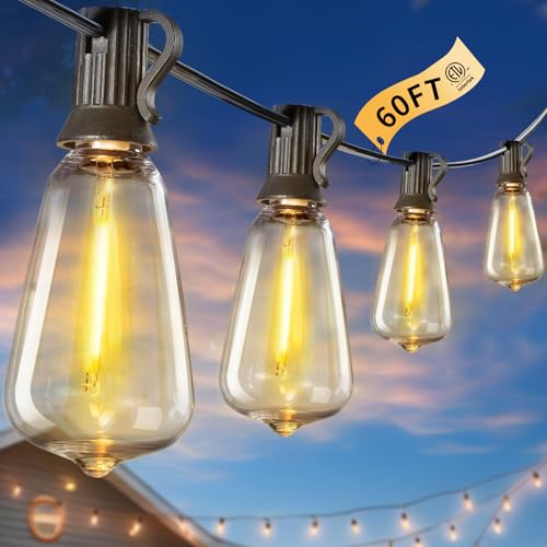 YSN Guirnalda de luces LED para exteriores de 60 pies, impermeable, con 32 bombillas reemplazables ST38 inastillables (2 de repuesto), luces colgantes exteriores conectables para porche, patio trasero