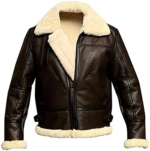 Yokbeer Herren braune Pilotenjacke aus echtem dickem Shearling Schaffell im...