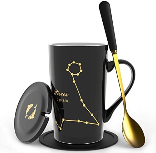 Fullcci -15oz Pisces Birthday Gift Ceramic Creative Constellation Zodiac Coffee Mug Set Capacity Upgrade Tea Cup for Cocoa Water Milk Juice (Pisces-Black Gold)