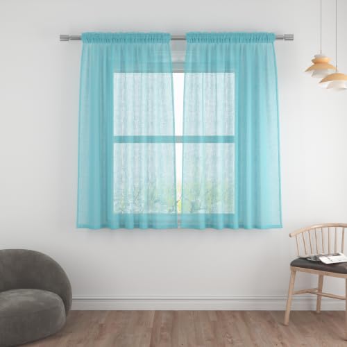 UPOPO Turquoise Sheer Curtains 63 inches Long Living Room Curtain Sheers Basement 2 Panels Voile Transparent Bedroom Drapes Linen Textured Rod Pocket Kitchen Dining Window Treatment Set