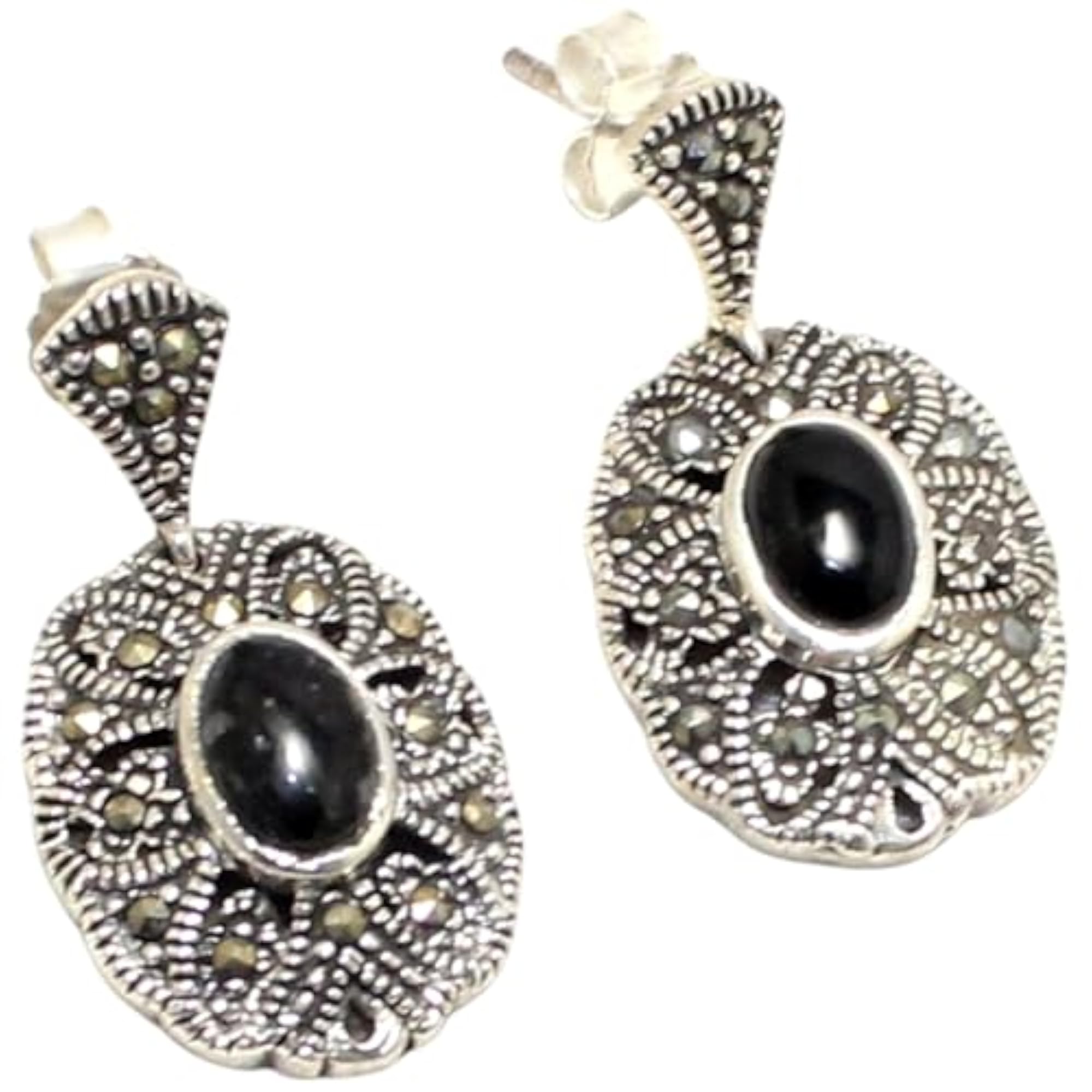 Women's 925 Sterling Silver Marcasite & Black Onyx Gem Stone Earrings