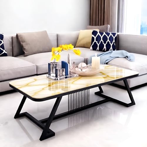 Image of Modern Rectangular Marble-Like Top Coffee Table with Metal Base for Living Room Sofa Center Tea Table for Home & Office Easy DIY Assembly (90 x 48 x 48 cm) (Black White)