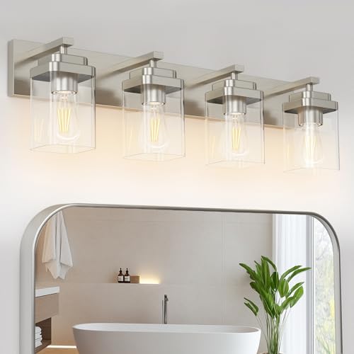 Image of Brushed Nickel Bathroom Light Fixtures, 4 Lights Bathroom Lighting Fixtures Over Mirror, Square Design & Rectangle Large Backplate, Modern Vanity Lighting Fixtures, for Living Room /Bedroom