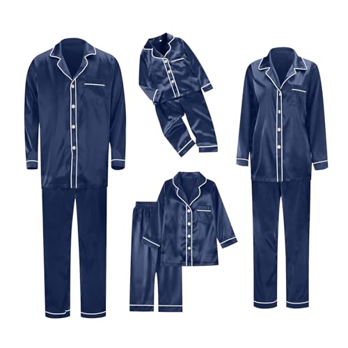 Mens Christmas Pajamas Early Fall Fashion Family Christmas Pajamas Matching Sets Plus Size Cute Xmas Silk Satin Button Down Pjs Soft Comfy Loungewear Set Holiday Couples Sleepwear Jammies Navy